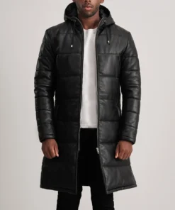 Floyd Black Hooded Leather Puffer Coat