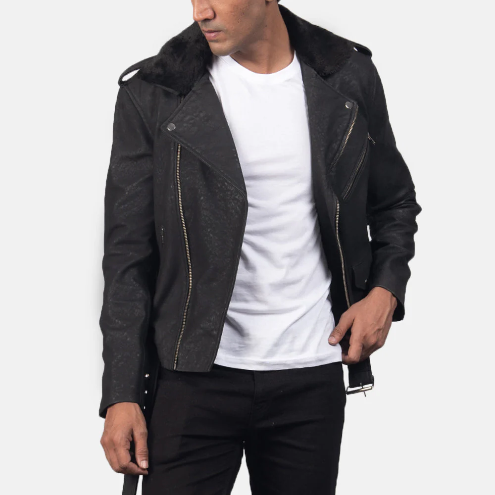 Furton Disressed Black Leather Biker Jacket - Image 2
