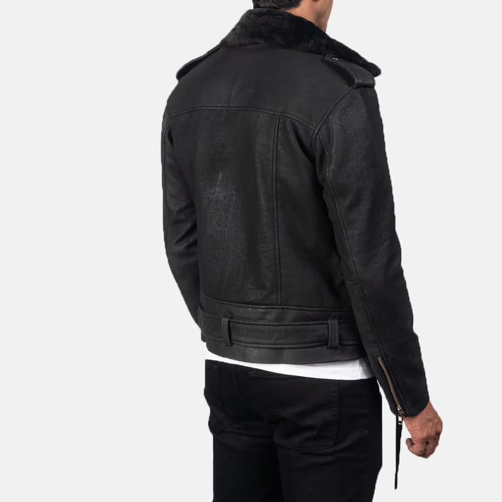 Furton Disressed Black Leather Biker Jacket - Image 3
