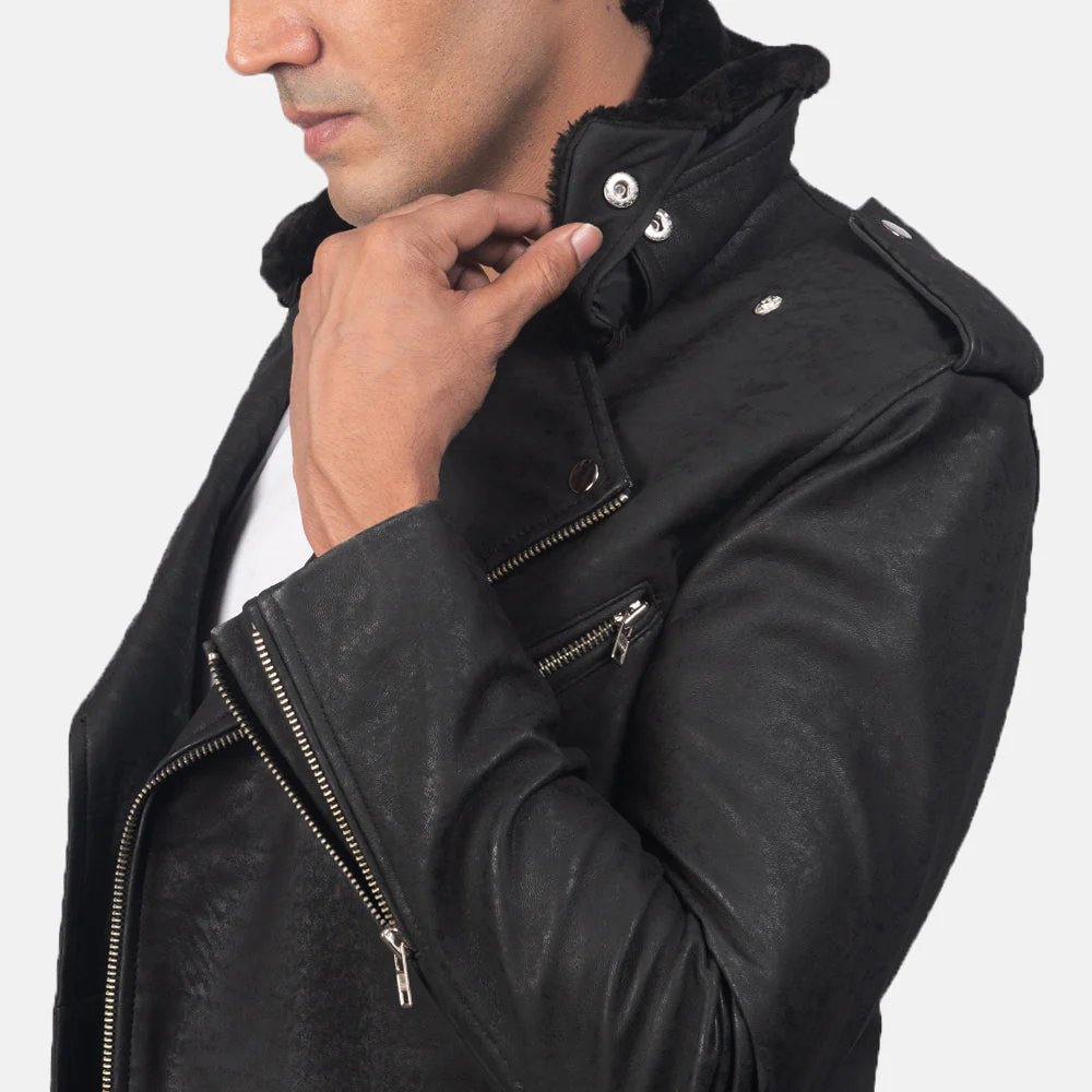 Furton Disressed Black Leather Biker Jacket - Image 4
