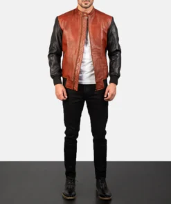 Alternative view of Avan Black & Maroon Leather Bomber Jacket