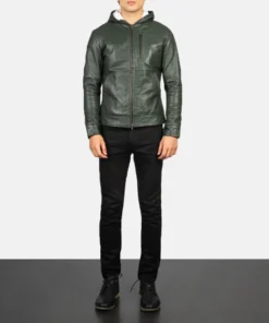 Alternative view of Baston Green Hooded Leather Bomber Jacket