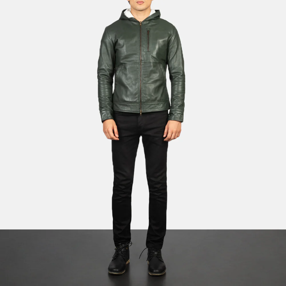 Baston Green Hooded Leather Bomber Jacket - Image 2