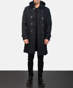 Drake Black Wool Hooded Duffle Coat