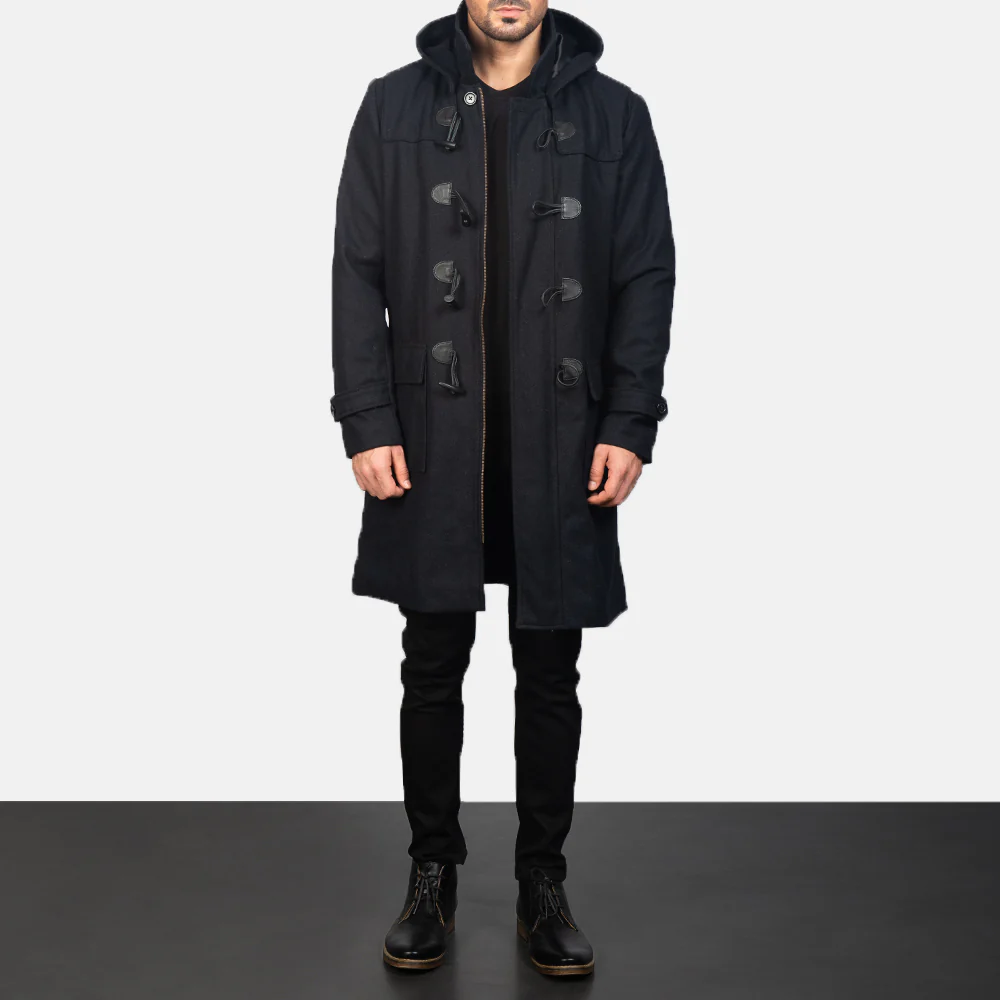 Drake Black Wool Hooded Duffle Coat
