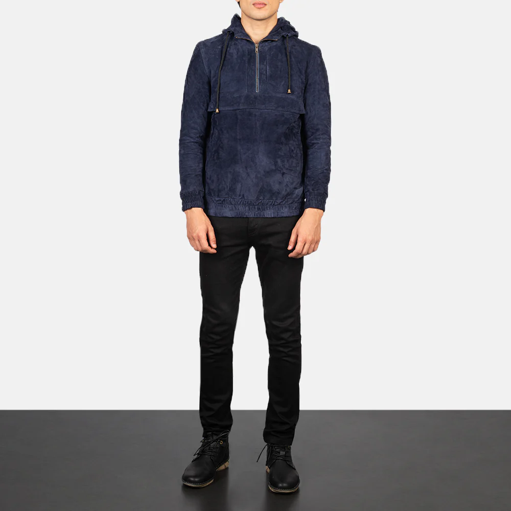 Kenton Hooded Blue Suede Pullover Jacket - Image 2