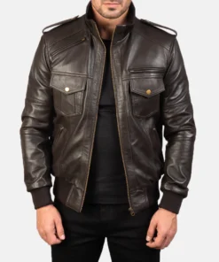 Agent Shadow Brown Leather Bomber Jacket
