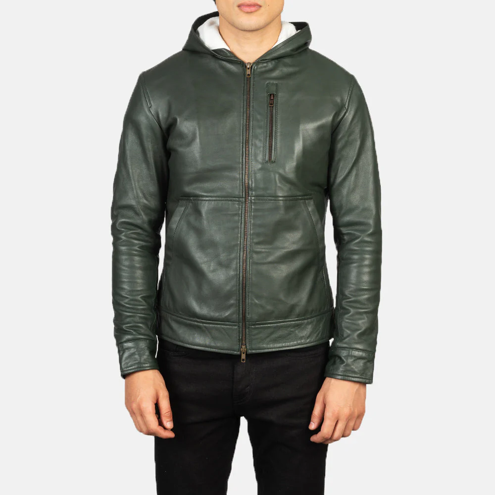 Baston Green Hooded Leather Bomber Jacket - Image 3