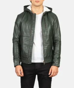 Baston Green Hooded Leather Bomber Jacket