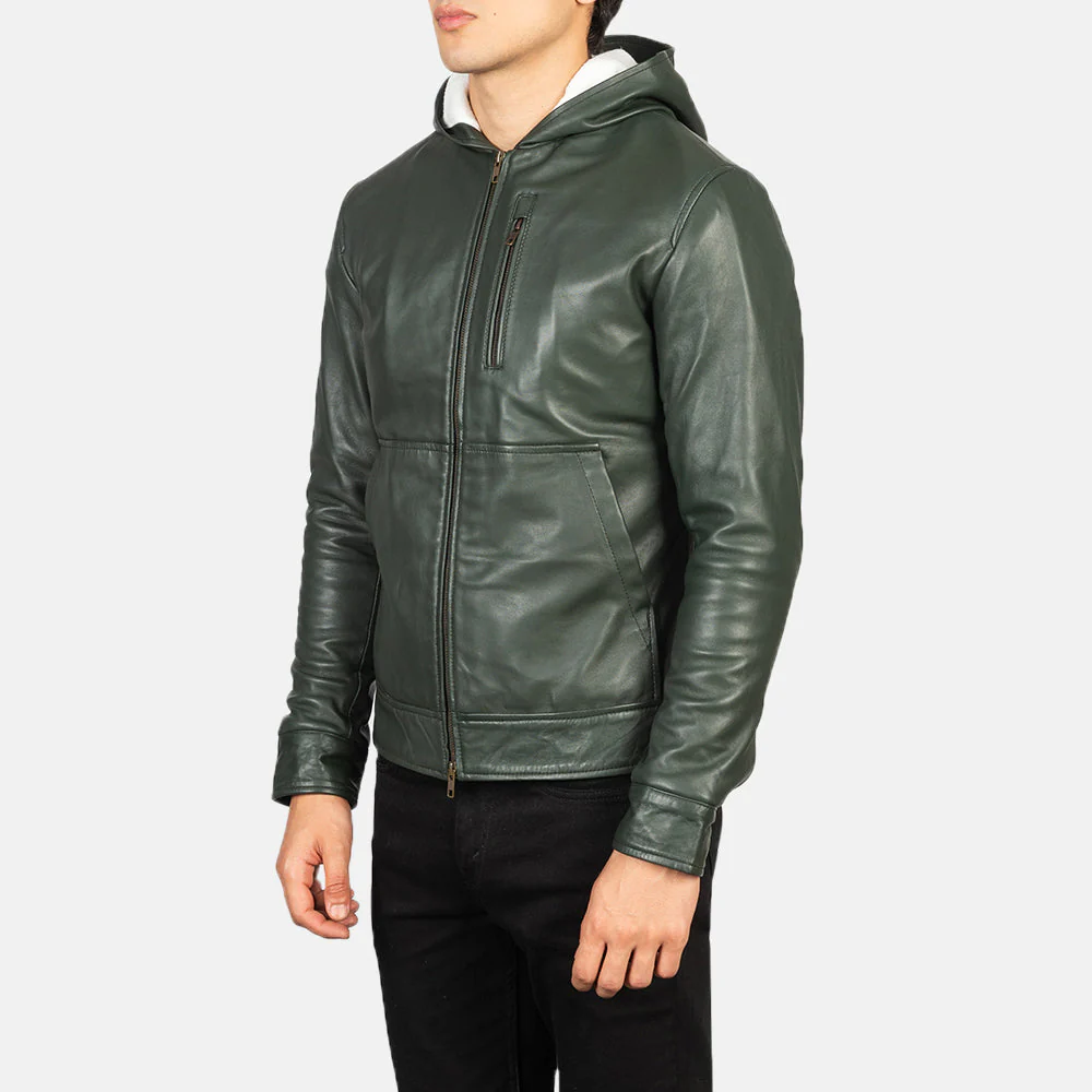 Baston Green Hooded Leather Bomber Jacket - Image 5