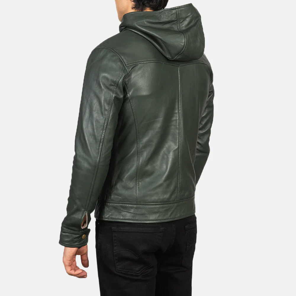 Baston Green Hooded Leather Bomber Jacket - Image 6