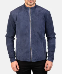 Charcoal Navy Blue Suede Biker Jacket