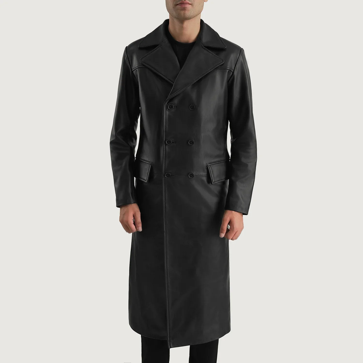 Delmar Black Leather Double Breasted Coat - Image 3