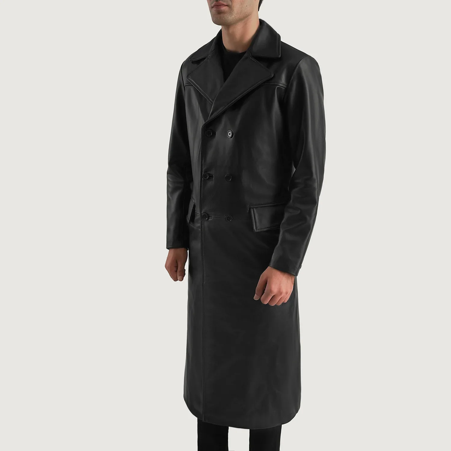 Delmar Black Leather Double Breasted Coat - Image 5