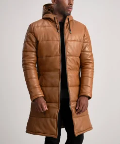 Floyd Tan Hooded Leather Puffer Coat
