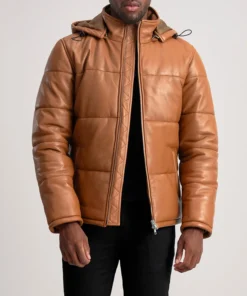 Gordon Tan Hooded Leather Puffer Jacket