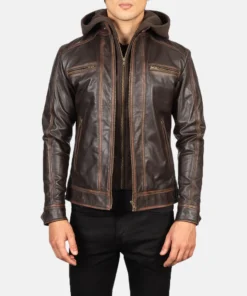 Hector Vintage Brown Hooded Leather Biker Jacket