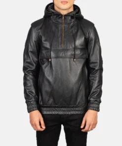 Kenton Hooded Black Leather Pullover Jacket