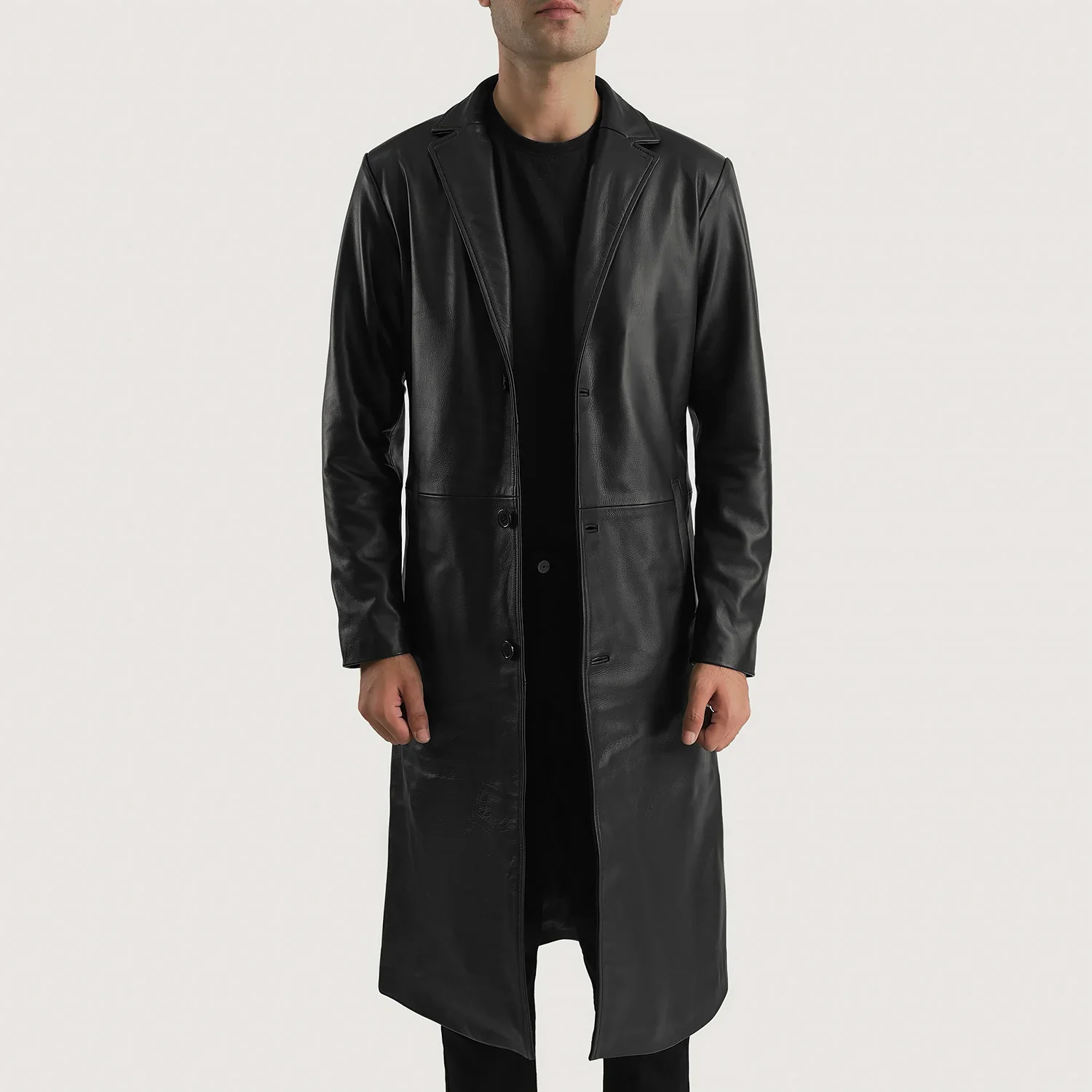 Mateo Black Leather Single Breasted Coat - Image 4
