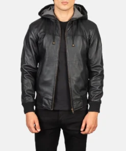 Nintenzo Black Hooded Leather Bomber Jacket