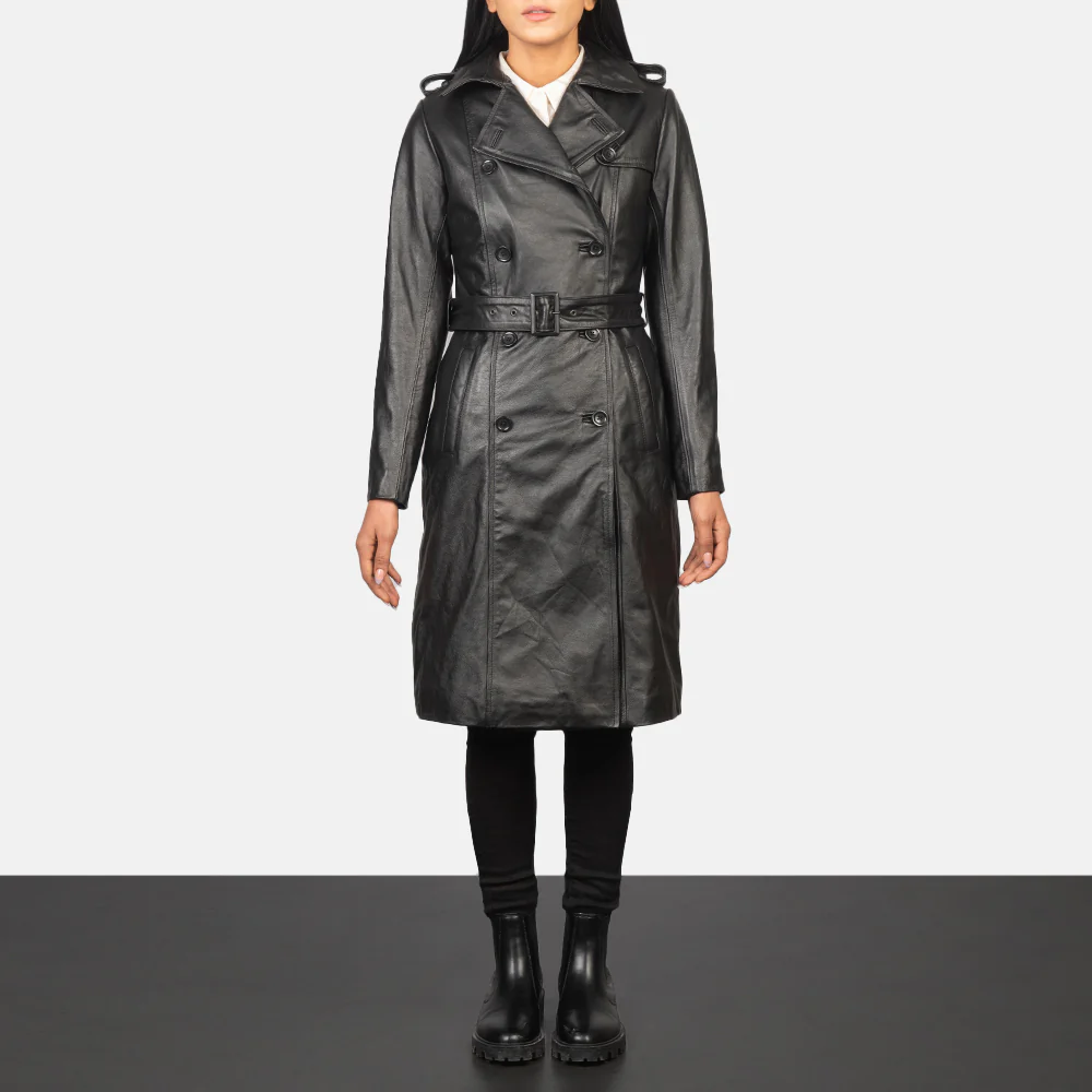 Alice Black Double Breasted Leather Coat - Image 2