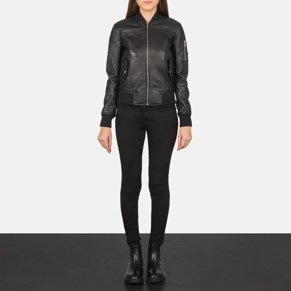 Ava Ma-1 Black Leather Bomber Jacket - Image 2