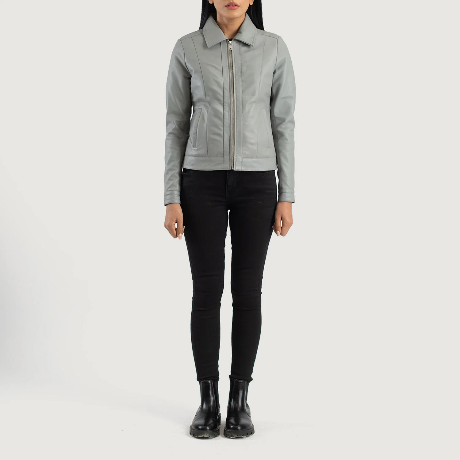 Vixen Grey Classic Collar Leather Jacket - Image 2