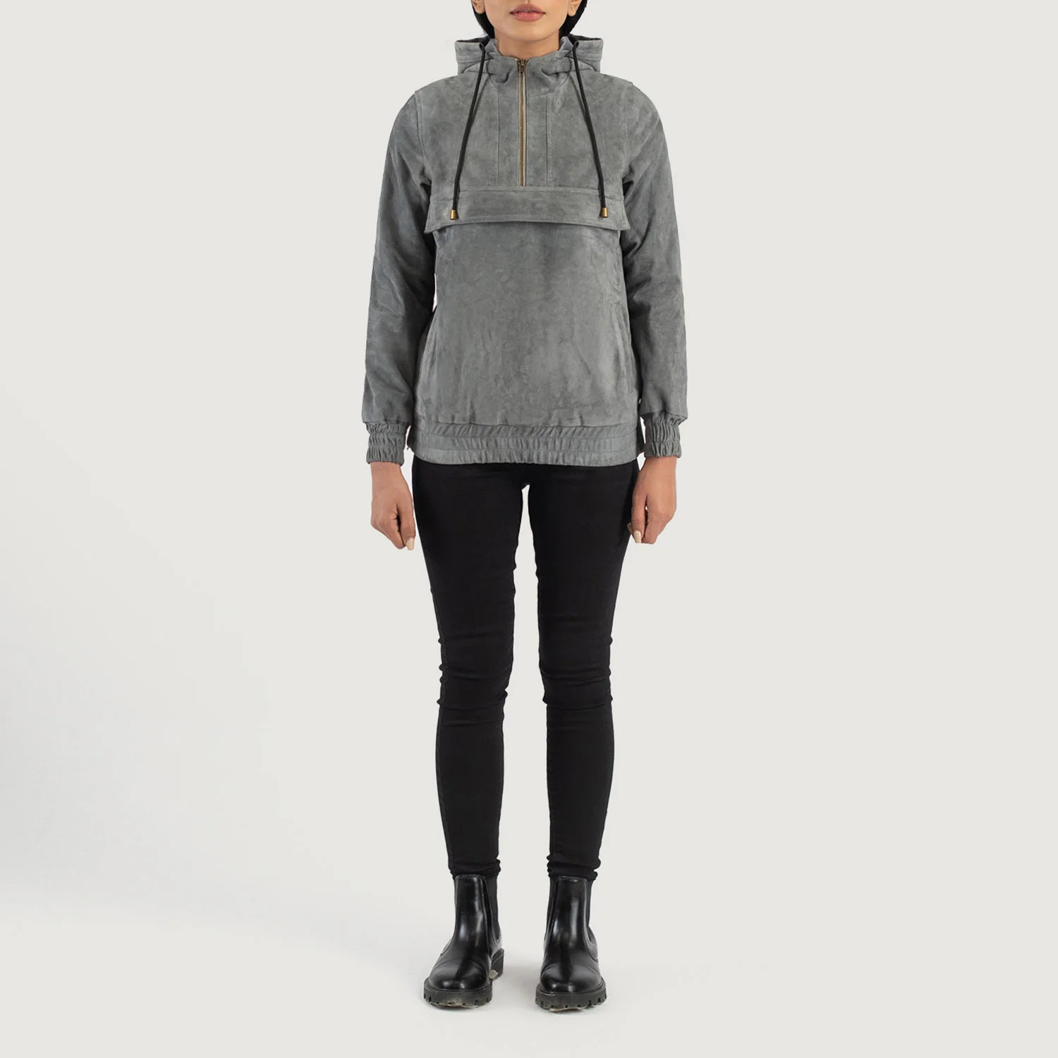 Zest Grey Hooded Suede Pullover Jacket - Image 2