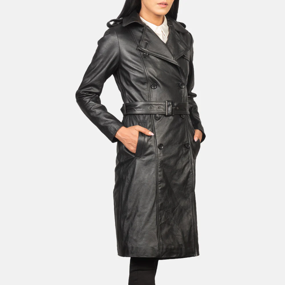 Alice Black Double Breasted Leather Coat - Image 3