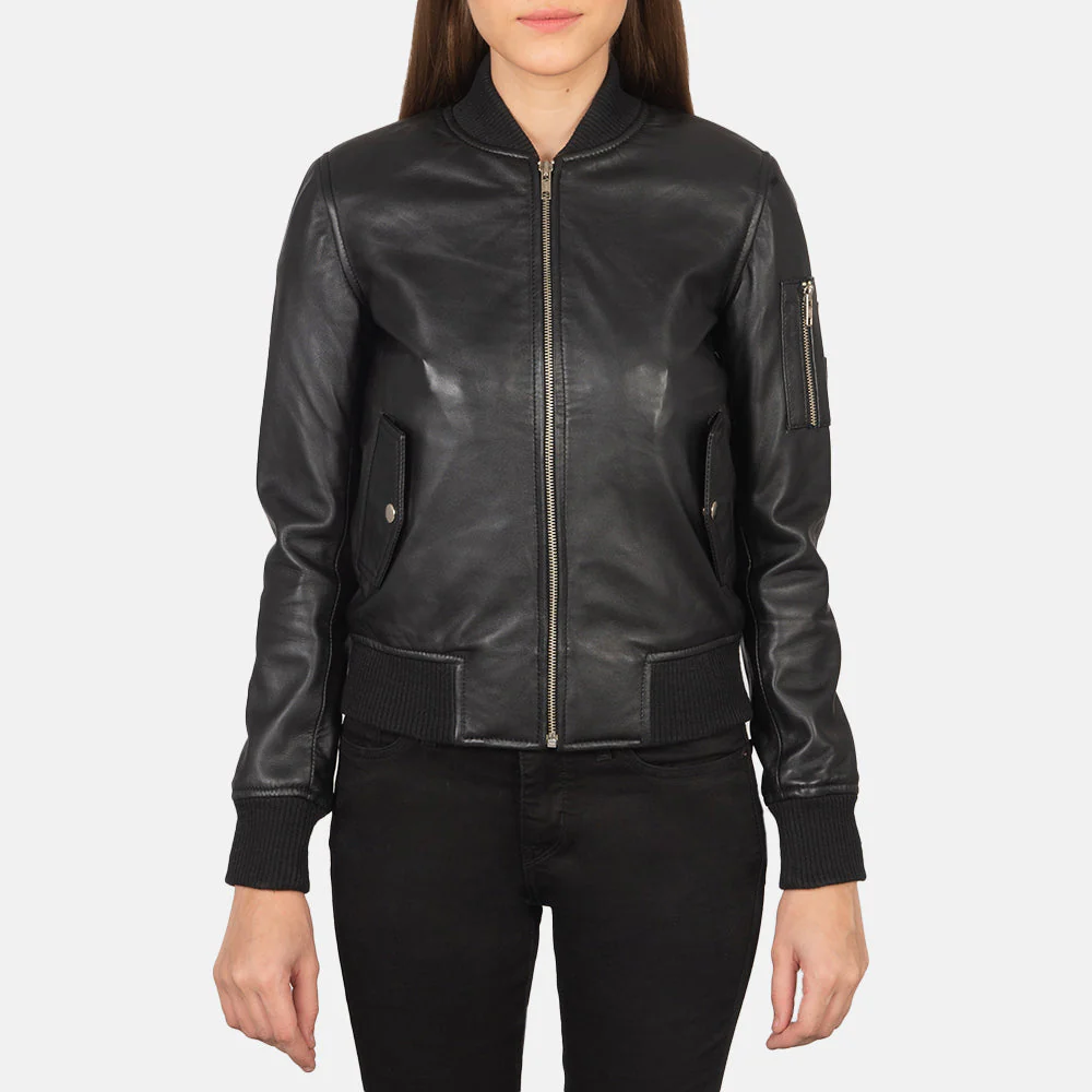 Ava Ma-1 Black Leather Bomber Jacket - Image 3