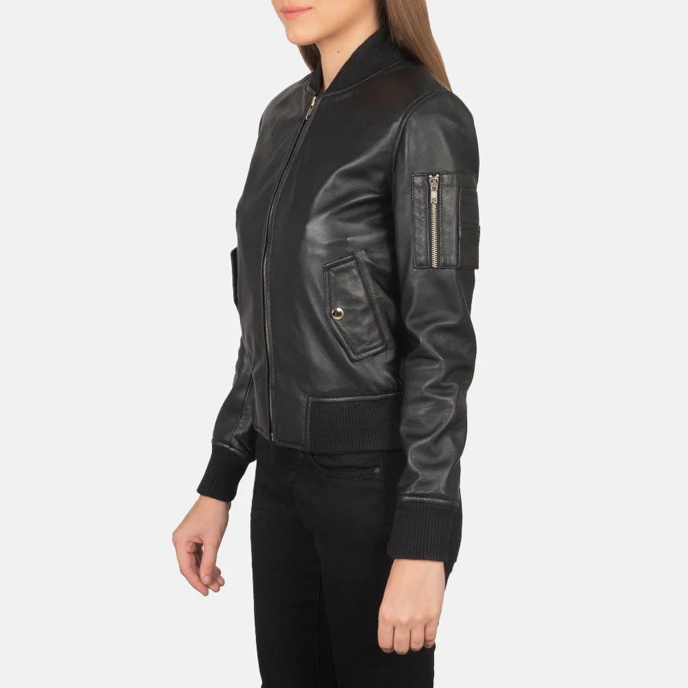 Ava Ma-1 Black Leather Bomber Jacket - Image 5