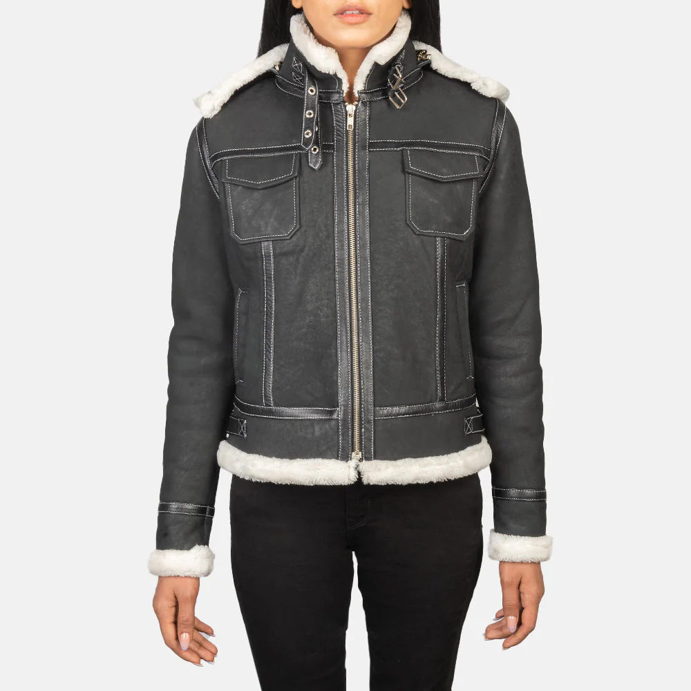 Fiona Black Hooded Shearling Leather Jacket - Image 3