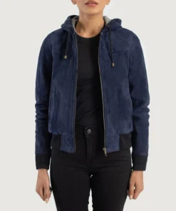 Rebella Blue Hooded Suede Bomber Jacket