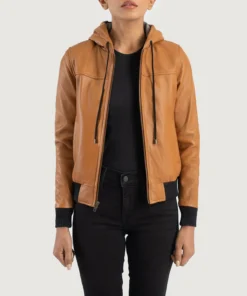 Rebella Brown Hooded Leather Bomber Jacket