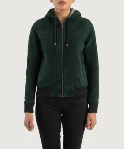 Rebella Green Hooded Suede Bomber Jacket