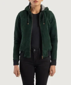 Rebella Green Hooded Suede Bomber Jacket