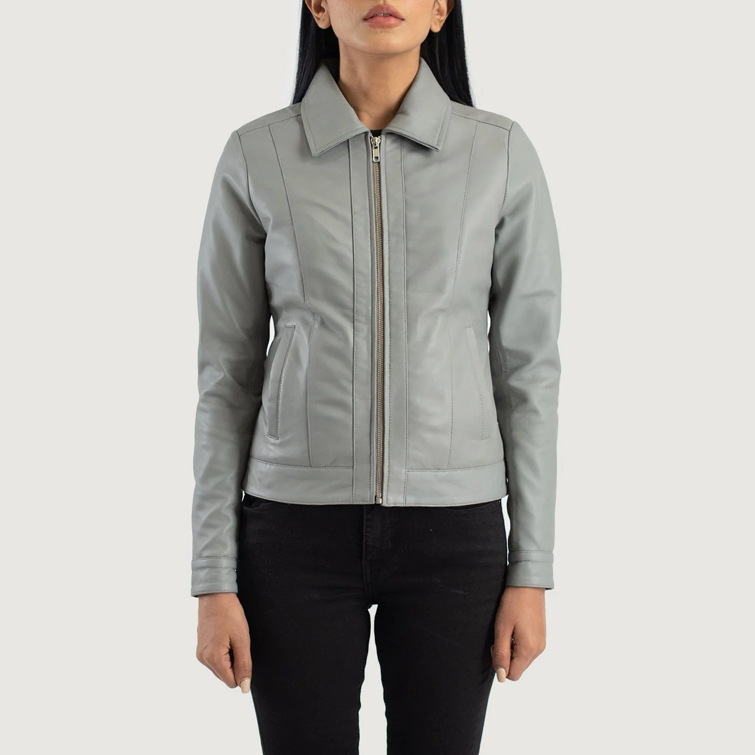 Vixen Grey Classic Collar Leather Jacket - Image 3